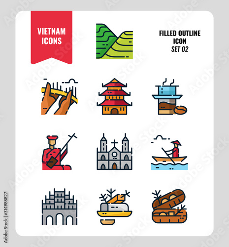 Vietnam icon set 2. Include landmark, people, food, culture and more. Filled Outline icons Design. vector illustration