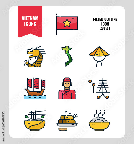 Vietnam icon set 1. Include flag, landmark, people, food and more. Filled Outline icons Design. vector illustration