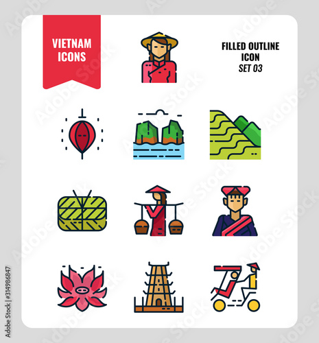 Vietnam icon set 3. Include landmark, people, food, culture and more. Filled Outline icons Design. vector illustration