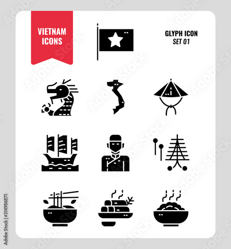 Vietnam icon set 1. Include flag, landmark, people, food and more. Glyph icons Design. vector illustration