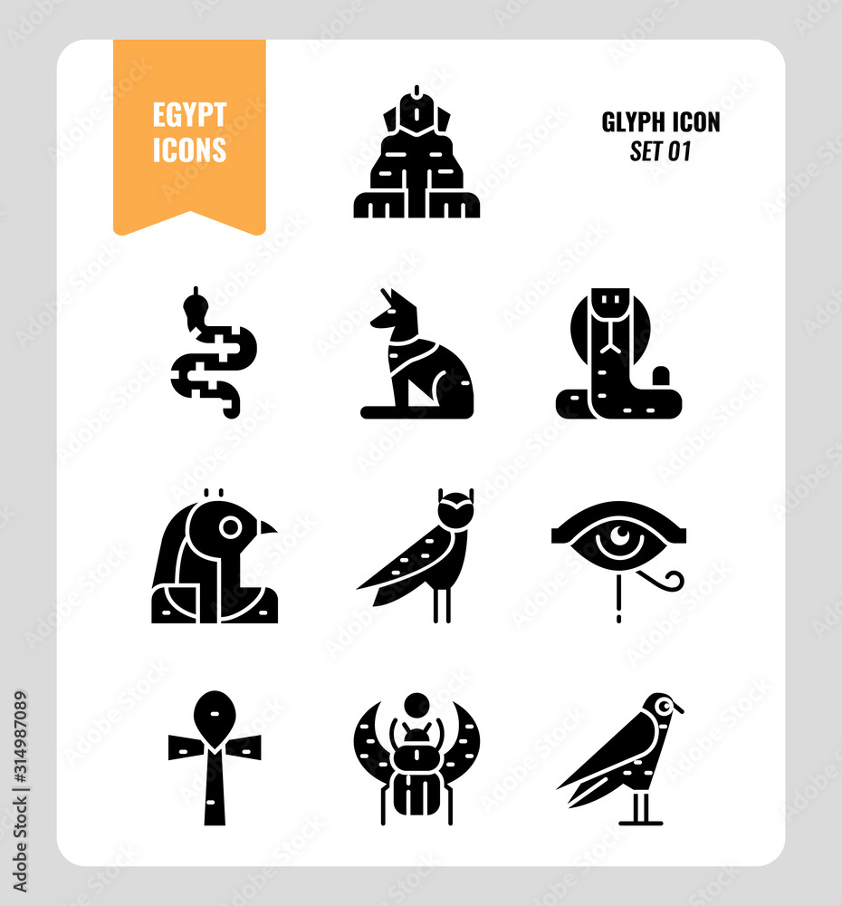 Fototapeta premium Egypt icon set 1. Include Sphinx, Horus, Ankh, Cobra, owl and more. Glyph icons Design. vector