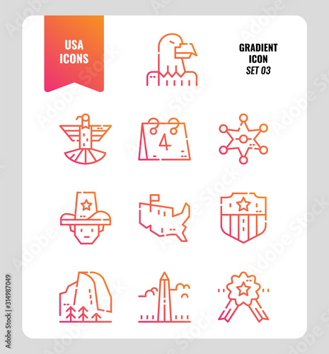 American icon set 3. Include Eagle sign  USA map  Landscape and more. Gradient icons Design. vector