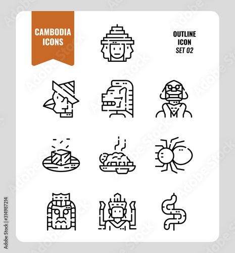 Cambodia icon set 2. Include landmark, art, food, culture and more. Outline icons Design. vector illustration © Mangsaab
