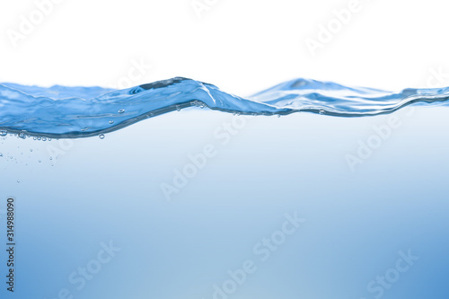  Water splash. Aqua flowing in waves and creating bubbles. Drops on the water surface feel fresh and clean. isolated on white background.