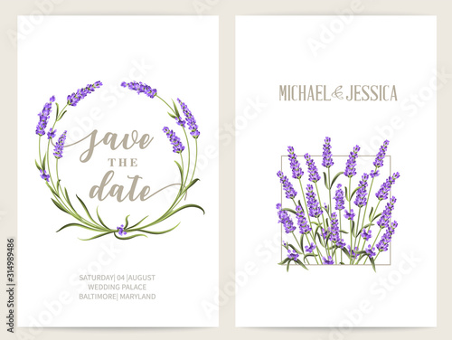 Lavender frame for marriage invitation and Save the date. The provence card with frame of flowers and text place. Marriage label with lavender flowers. Vector illustration.