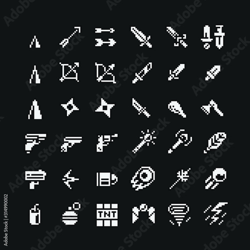 1 bit medieval weapon and armor icon, revolver gun, bomb, helmet, bow and arrow, shield, sword, ax, glove and cloak. Design for logo game, sticker, web, mobile app. Isolated vector illustration.