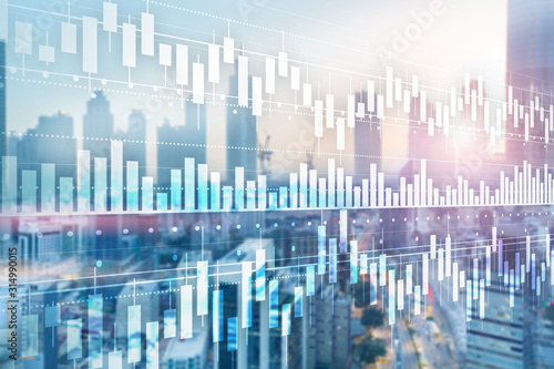 Business concept with Candle stick graph chart of stock market investment trading and blur office background.