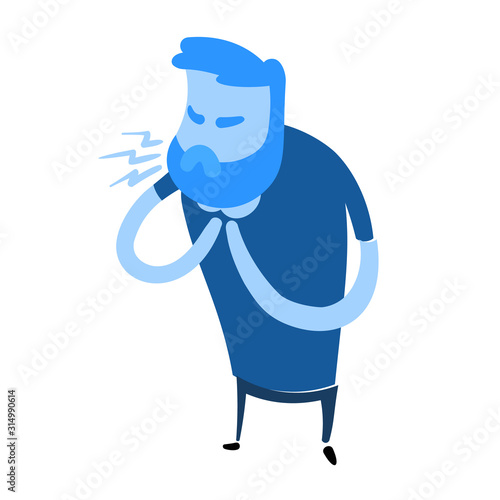 Man coughing with hands on his neck. Flat design icon. Colorful flat vector illustration. Isolated on white background.