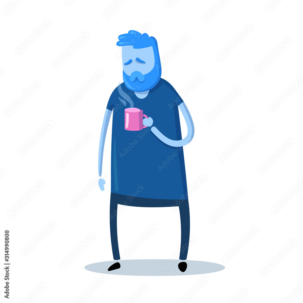 Sleepy guy with a cup of morning coffee. Cartoon design icon. Colorful flat vector illustration. Isolated on white background.