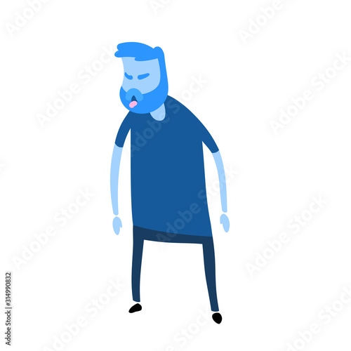 Cartoon man wheezing, coughing. Signs of sickness. Colorful flat vector illustration. Isolated on white background.
