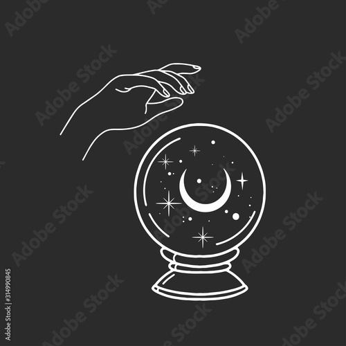 Witch hand with magic ball. Boho style.