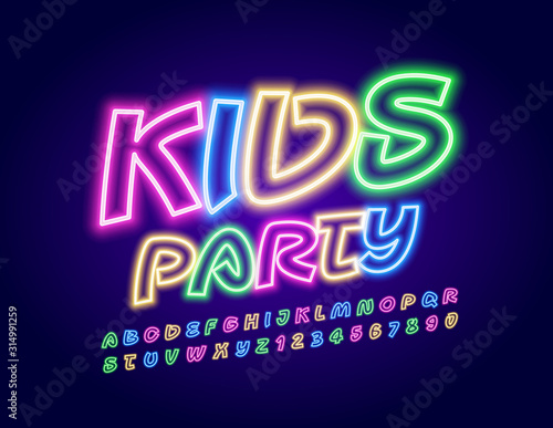 Vector colorful Sign Kids Party. Glowing Playful Font. Neon Alphabet Letters and Numbers.
