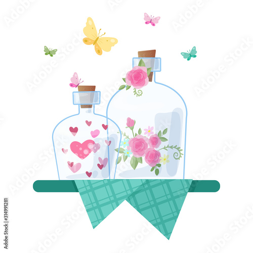 Cute cartoon glass jars and caps with hearts and roses for Valentine's Day. Vector illustration © Evgeny