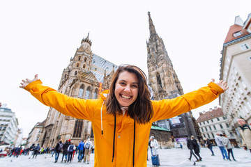smiling happy woman portrait in front of vienna cathedral church
