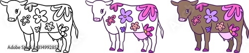 花柄の牛のイラストセット