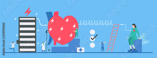 Cardiology vector illustration. On blue background, heart disease problem called tachycardia arrhythmia. Periodic signal is fast impulse response.