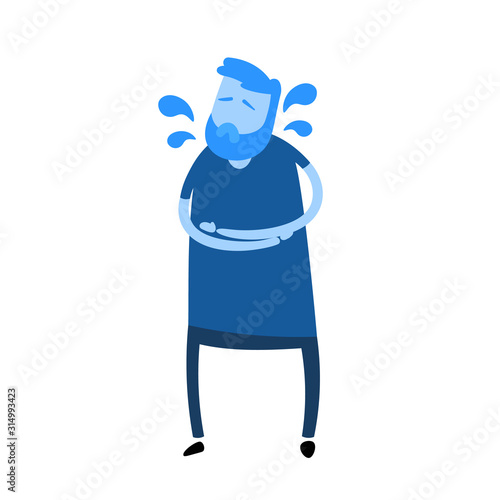 Guy feeling stomack pain. Cartoon design icon. Flat vector illustration. Isolated on white background.