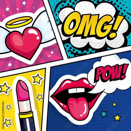 lipstick with expressions and heart pop art style vector illustration design