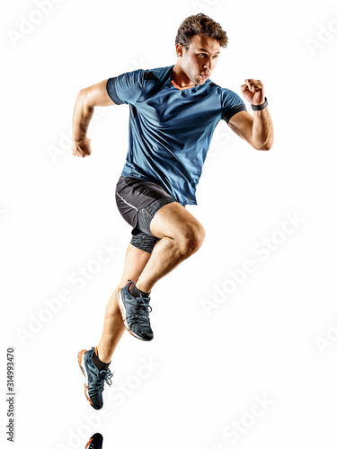 one caucasian runner running jogger jogger young man in studio isolated on white background photo