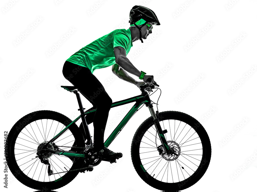 Fototapeta premium one caucasian man practicing man mountain bike bking isolated on white background with shadows