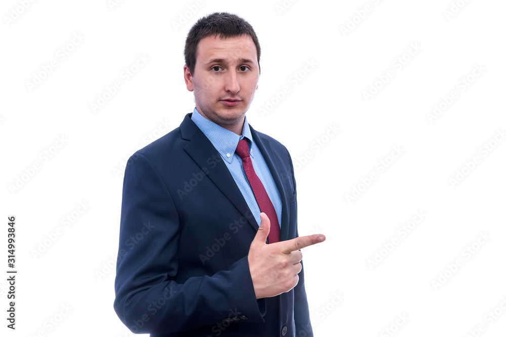 Young man in suit gesturing isolated on white Young man in suit gesturing isolated on white