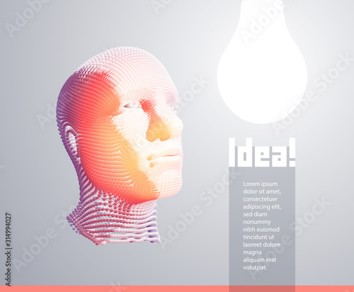Thinking man looking up with light idea lighbulb above head..Success, leadership, achievement, idea and goal concept. Artificial intelligence. Technology and engineering vector illustration.