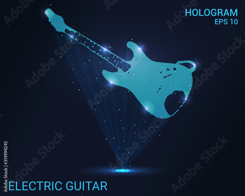 Hologram electric guitar. Holographic projection guitar. Flickering energy flux of particles. Scientific design music.