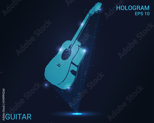 Hologram guitar. A holographic projection of the guitar. Flickering energy flux of particles. Scientific design music.