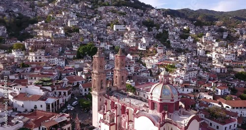 Taxco, Church of Santa Prisca by drone. On a sunny day. photo