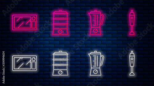 Set line Double boiler , Blender , Microwave oven and Blender . Glowing neon icon on brick wall. Vector