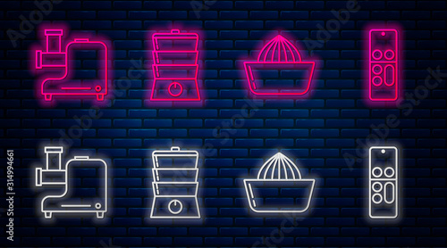 Set line Double boiler , Citrus fruit juicer , Kitchen meat grinder and Remote control . Glowing neon icon on brick wall. Vector