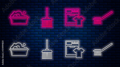 Set line Handle broom , Washer and t-shirt , Plastic basin with soap suds and Toilet brush . Glowing neon icon on brick wall. Vector