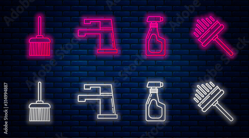 Set line Water tap , Cleaning spray bottle with detergent liquid , Handle broom and Squeegee, scraper, wiper. Glowing neon icon on brick wall. Vector