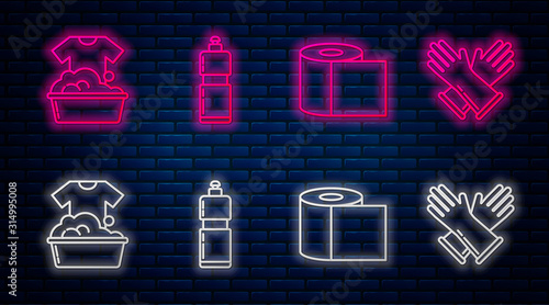 Set line Plastic bottles for liquid dishwashing liquid, Toilet paper roll , Plastic basin with soap suds and Rubber gloves . Glowing neon icon on brick wall. Vector
