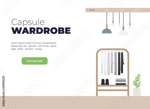 Vector flat illustration about capsule wardrobe. Modern landing page template of wooden cloth rack in minimalistic room with flower in a pot. Scandinavian unisex wardrobe.
