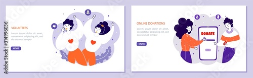 Volunteering organizations flat vector landing page templates set