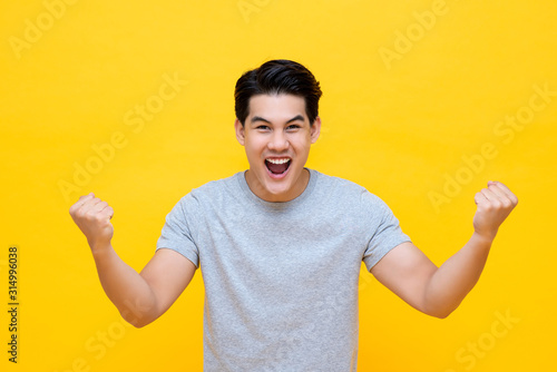 Portrait of cheerful young Asian man raising his fists