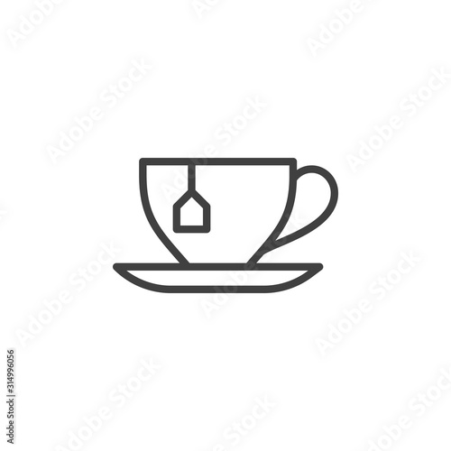 Tea cup with tea bag line icon. linear style sign for mobile concept and web design. Herbal tea cup with saucer outline vector icon. Symbol, logo illustration. Vector graphics