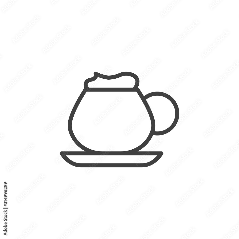 Obraz premium Coffee mug with foam line icon. linear style sign for mobile concept and web design. Frappe drink cup outline vector icon. Symbol, logo illustration. Vector graphics