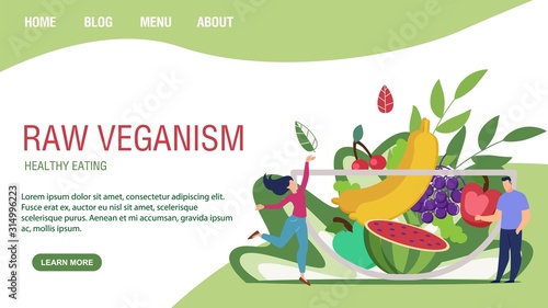 Flat Landing Page Promoting Raw Food Veganism. Vector Cartoon Happy Vegans Healthy People. Huge Glass Bowl Filled Fresh Fruits, Berries, Vegetables and Leaves Illustration. Natural Nutrition