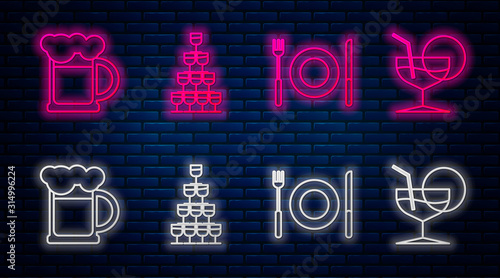 Set line Wine glasses stacked in a pyramid tower , Plate, fork and knife , Wooden beer mug and Martini glass . Glowing neon icon on brick wall. Vector