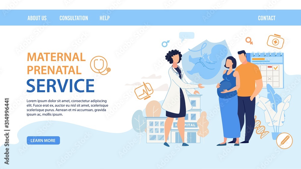 Flat Landing Page Layout Design. Maternal Prenatal Service. Cartoon Female Doctor Consulting Pregnant Woman Wife with Man Husband. Young Family Waiting Childbirth on Consultation. Vector Illustration Flat Landing Page Layout Design. Maternal Prenatal Service. Cartoon Female Doctor Consulting Pregnant Woman Wife with Man Husband. Young Family Waiting Childbirth on Consultation. Vector Illustration