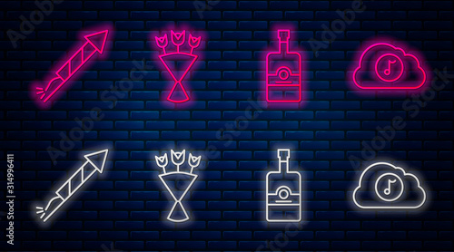 Set line Bouquet of flowers , Whiskey bottle , Firework rocket and Music streaming service . Glowing neon icon on brick wall. Vector
