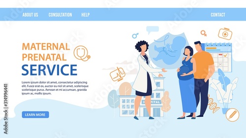 Flat Landing Page Layout Design. Maternal Prenatal Service. Cartoon Female Doctor Consulting Pregnant Woman Wife with Man Husband. Young Family Waiting Childbirth on Consultation. Vector Illustration