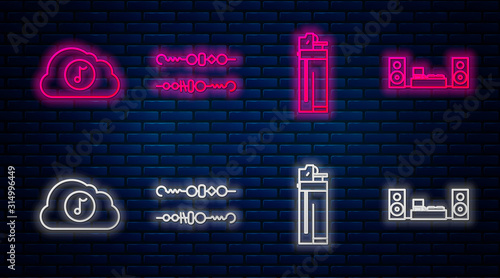 Set line Grilled shish kebab, Lighter , Music streaming service and Home stereo with two speakers . Glowing neon icon on brick wall. Vector