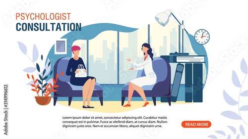 Psychologist Consultation Service Flat Advertising Web Banner. Private Counseling. Family Psychology. Cartoon Patient at Doctor Appointment in Office. Communication and Treatment. Vector Illustration