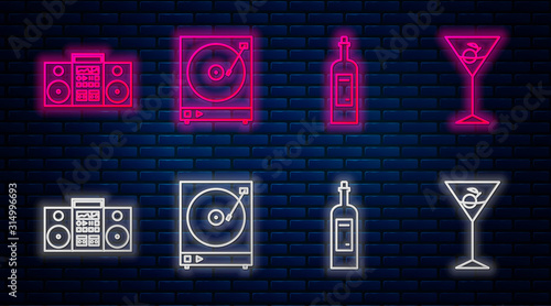Set line Vinyl player with a vinyl disk , Bottle of wine , Home stereo with two speakers and Martini glass . Glowing neon icon on brick wall. Vector