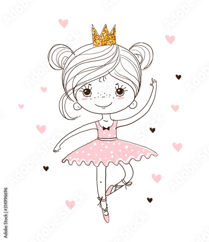 Cute little ballerina in tutu and pointe shoes. The princess girl is dancing in a pink dress. A beautiful linear poster about the ballet for the nursery. Doodle vector illustration.