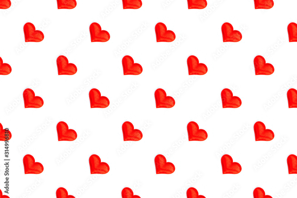 Valentines Day background with red hearts, top view