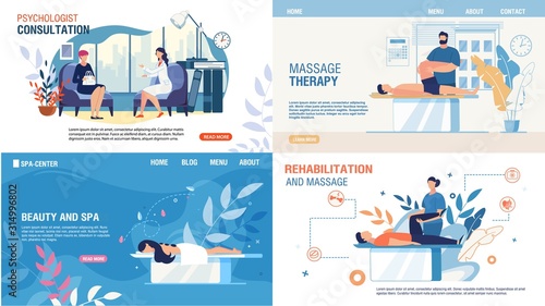 Body Mental Therapy and Rehabilitation Services Set. Flat Landing Page for Professional Recovery Massage, Medical Consultation, Psychologist Counseling, Beauty and Spa Services. Vector Illustration